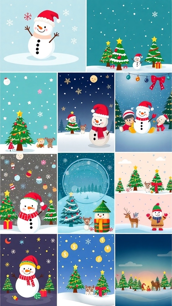A grid of cute Christmas wallpapers with snowmen, trees, and winter scenes.